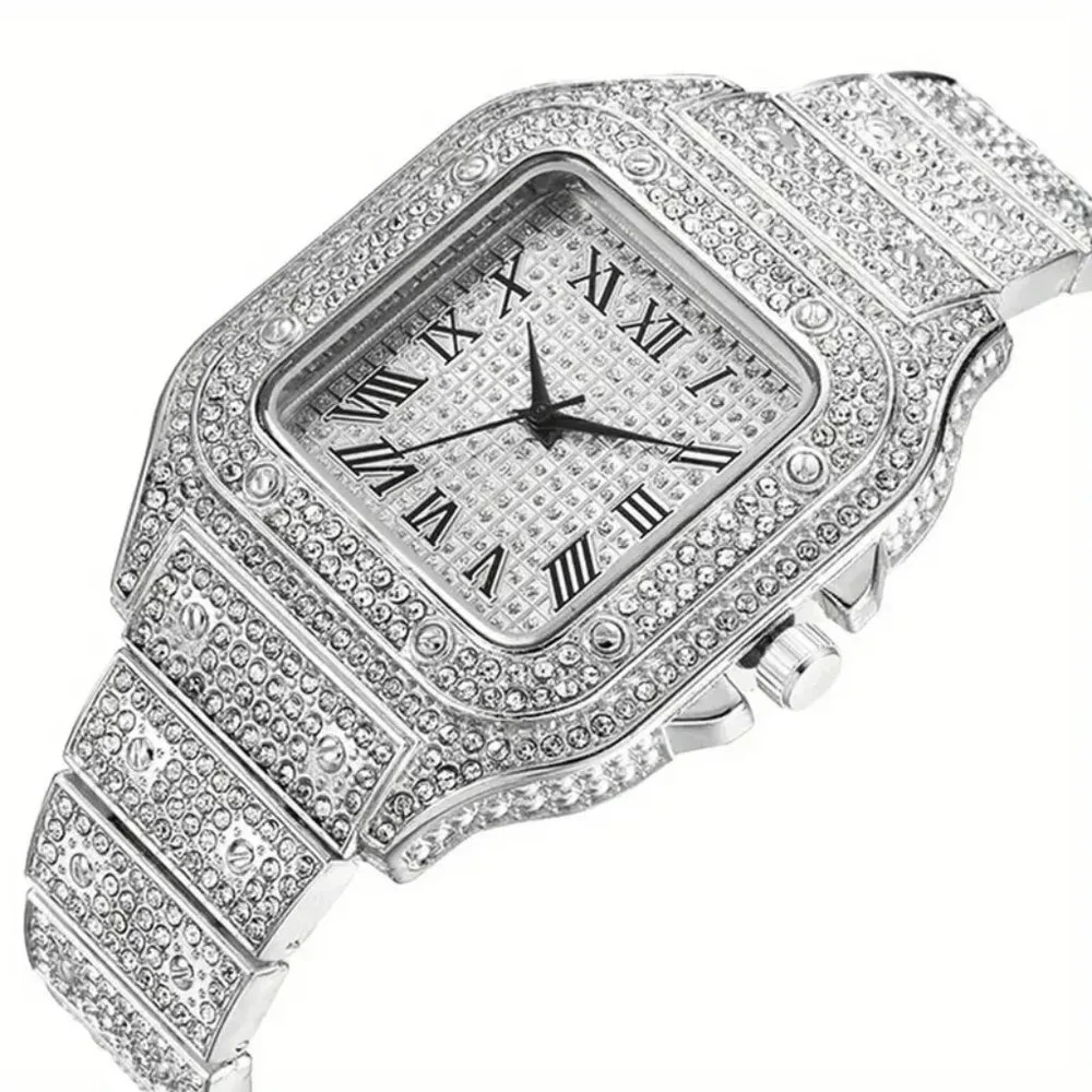 Classic Big Dial Square Cool Hip Hop Style Men's Watch with Stones Silver Tone